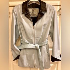 Peruzzi leather jacket/blazer-made in Italy. Lt blue/dark brown size 6-8